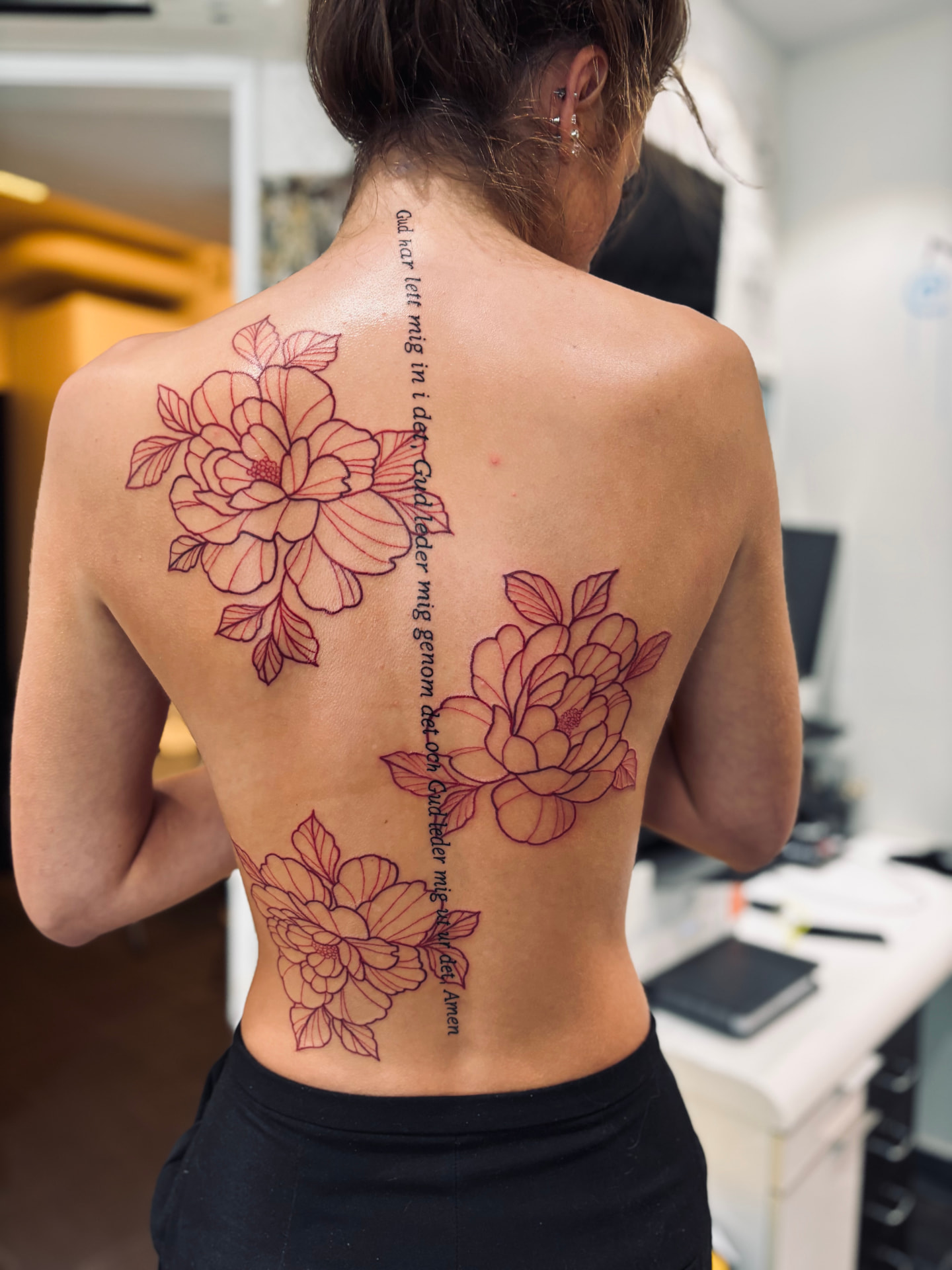 Röda linework-pioner och text på rygg